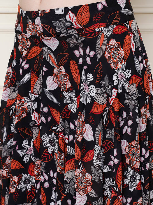 Women Multi color Polyster Lycra Leaves Printed Skirt with inner short