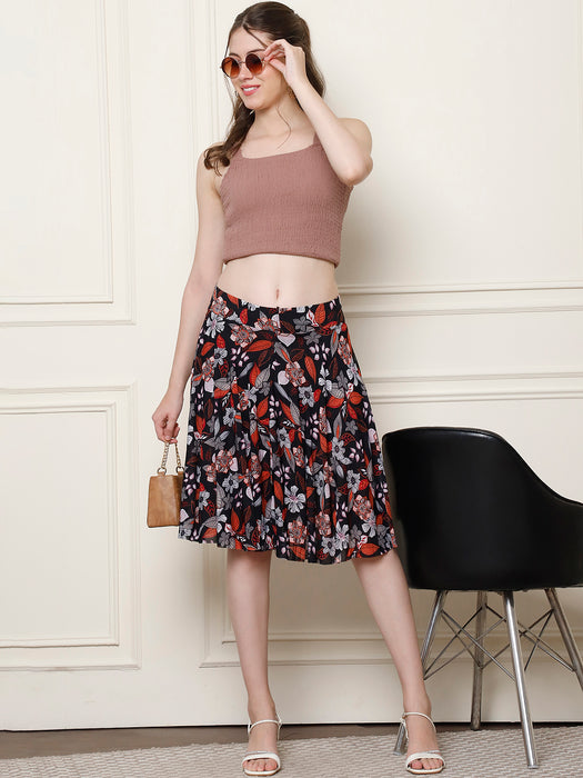 Women Multi color Polyster Lycra Leaves Printed Skirt with inner short