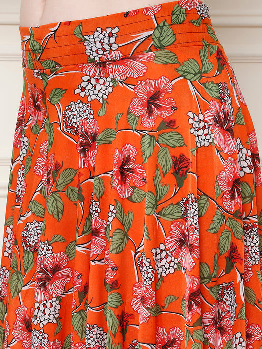 Women Orange Polyster Lycra Flower Printed Skirt with inner short