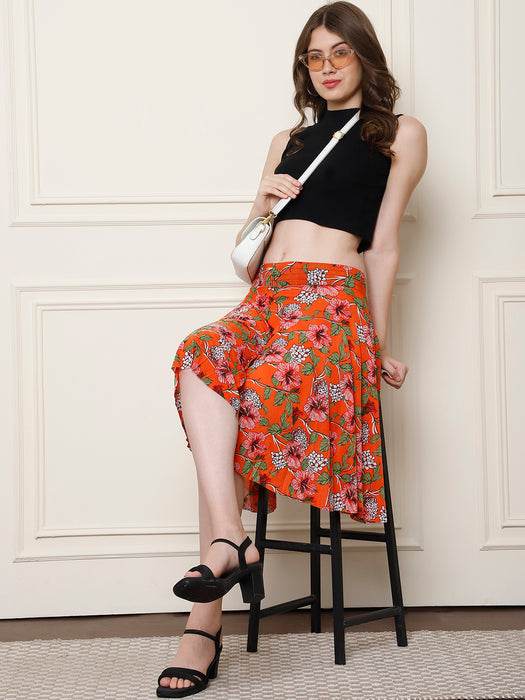 Women Orange Polyster Lycra Flower Printed Skirt with inner short