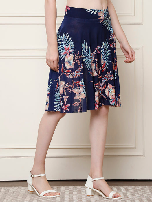 Women Multi color Polyster Lycra Big Leaves Printed Skirt with inner short