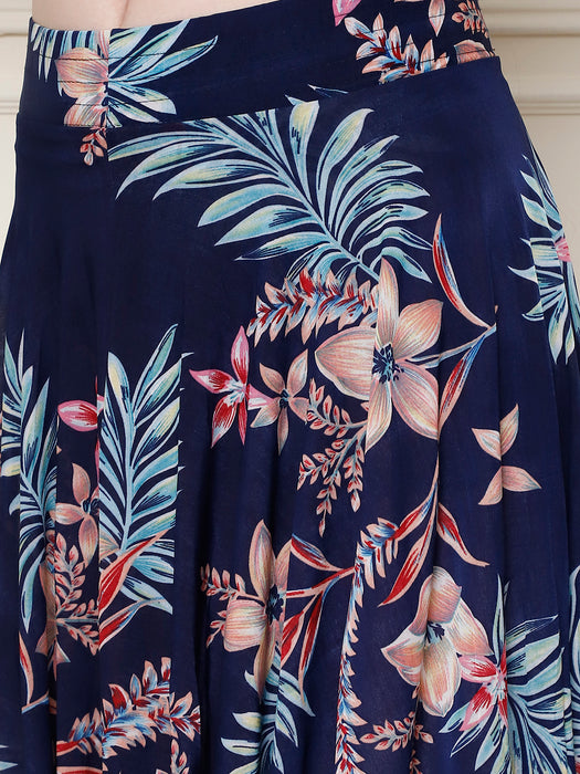 Women Multi color Polyster Lycra Big Leaves Printed Skirt with inner short