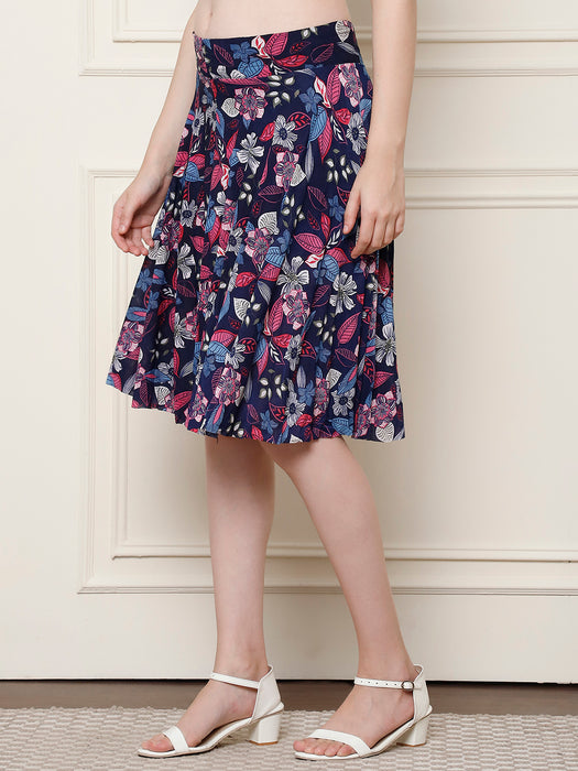 Women Multi color Polyster Lycra Leaves Printed Skirt with inner short