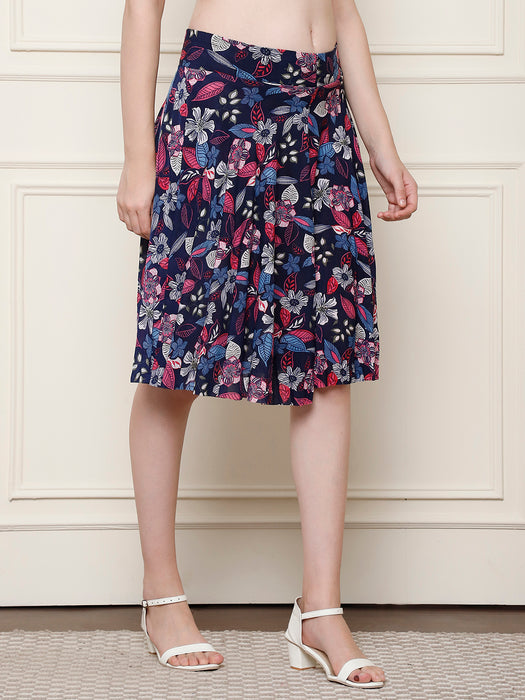 Women Multi color Polyster Lycra Leaves Printed Skirt with inner short