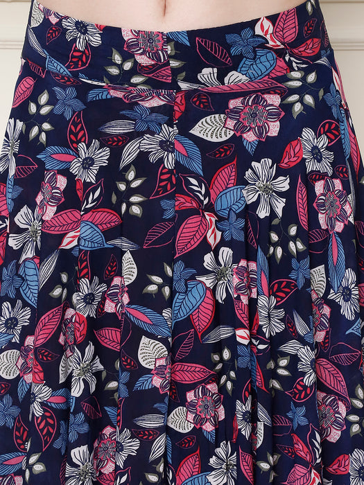 Women Multi color Polyster Lycra Leaves Printed Skirt with inner short
