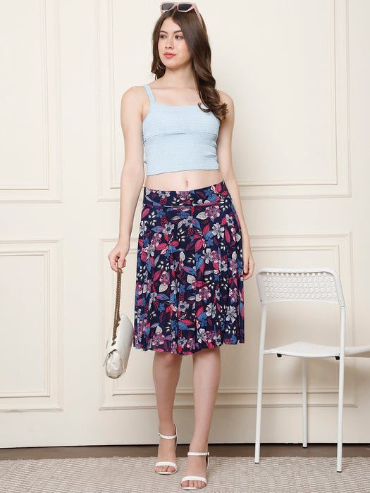 Women Multi color Polyster Lycra Leaves Printed Skirt with inner short