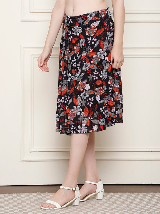 Women Multi color Polyster Lycra Leaves Printed Skirt with inner short