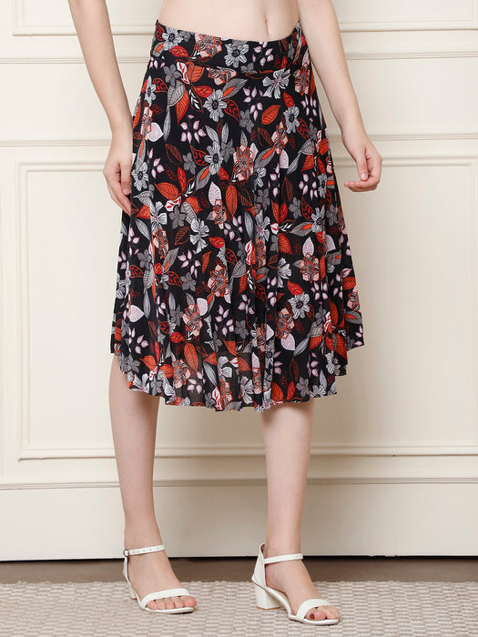 Women Multi color Polyster Lycra Leaves Printed Skirt with inner short