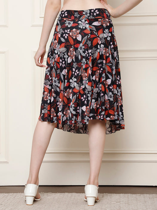 Women Multi color Polyster Lycra Leaves Printed Skirt with inner short