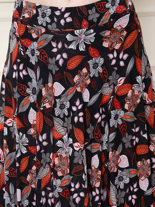 Women Multi color Polyster Lycra Leaves Printed Skirt with inner short