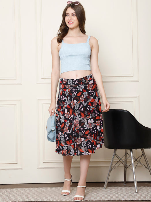 Women Multi color Polyster Lycra Leaves Printed Skirt with inner short