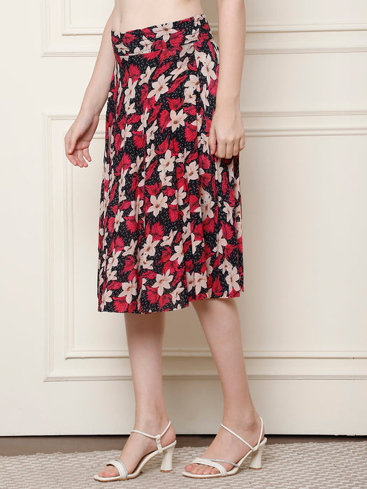 Women Multi color Polyster Lycra Full Printed Skirt with inner short