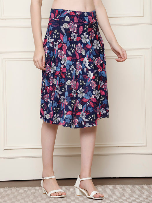 Women Multi color Polyster Lycra Leaves Printed Skirt with inner short