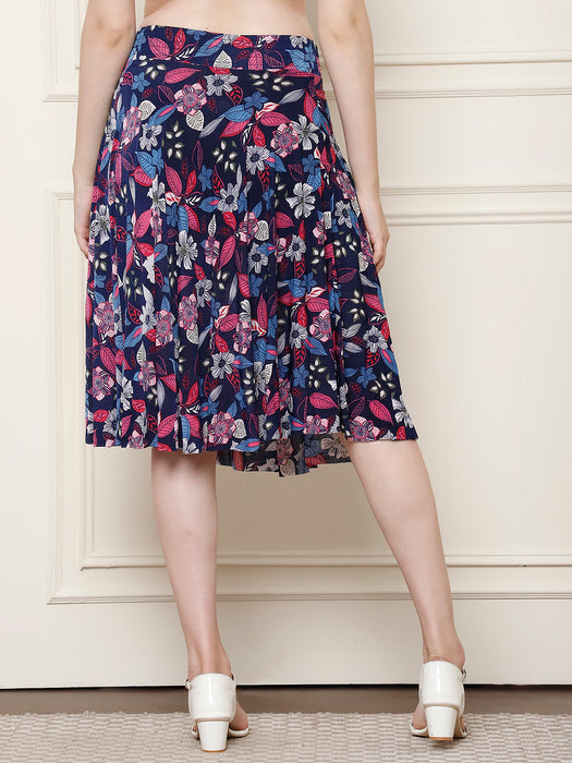 Women Multi color Polyster Lycra Leaves Printed Skirt with inner short