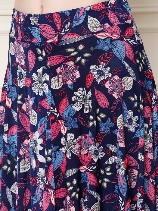 Women Multi color Polyster Lycra Leaves Printed Skirt with inner short