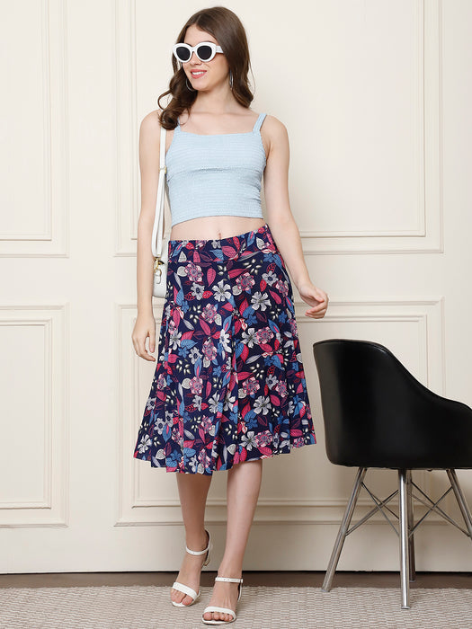 Women Multi color Polyster Lycra Leaves Printed Skirt with inner short