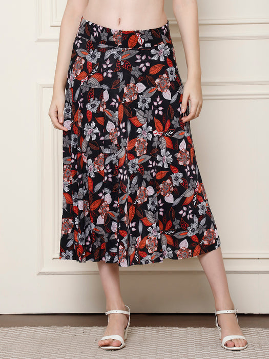 Women Multi color Polyster Lycra Leaves Printed Skirt with inner short