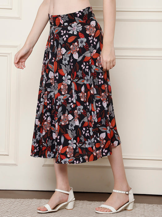 Women Multi color Polyster Lycra Leaves Printed Skirt with inner short