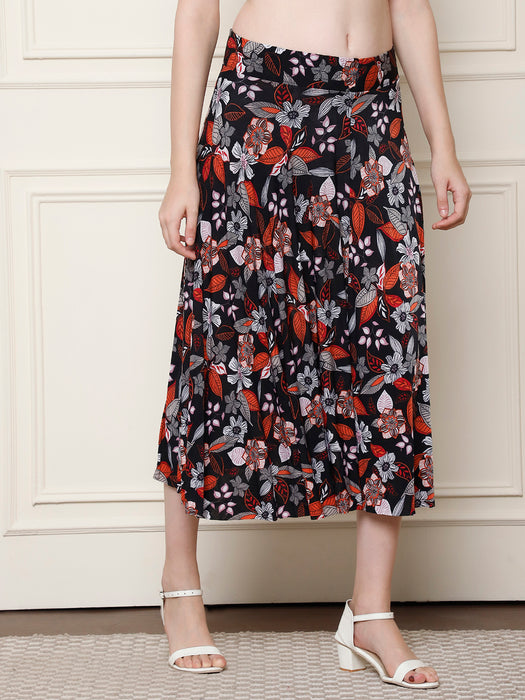 Women Multi color Polyster Lycra Leaves Printed Skirt with inner short