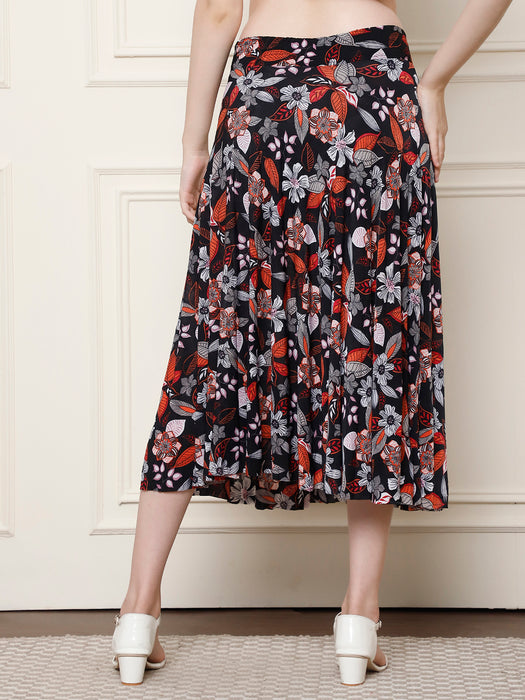 Women Multi color Polyster Lycra Leaves Printed Skirt with inner short