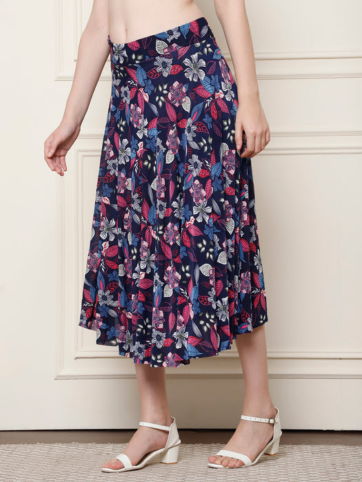 Women Multi color Polyster Lycra Leaves Printed Skirt with inner short