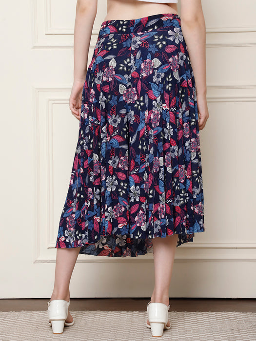 Women Multi color Polyster Lycra Leaves Printed Skirt with inner short