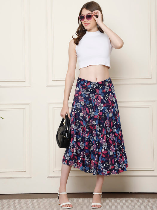 Women Multi color Polyster Lycra Leaves Printed Skirt with inner short