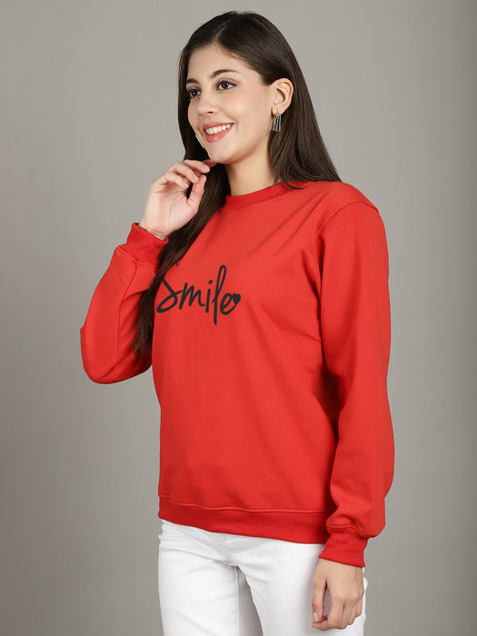 Women Red Round Neck Full Sleeve Smile Print Sweatshirt