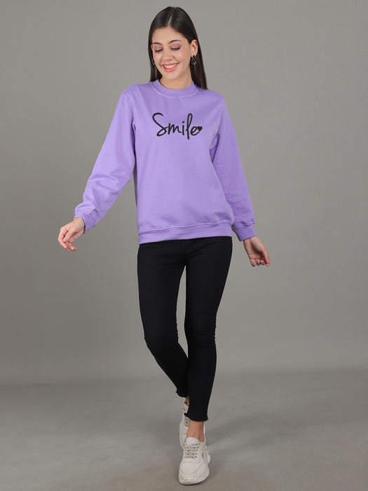 Women Purple Round Neck Full Sleeve Smile Print Sweatshirt
