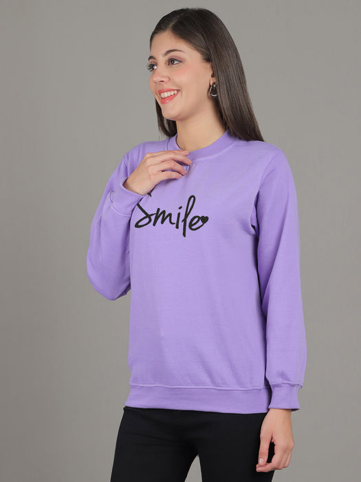 Women Purple Round Neck Full Sleeve Smile Print Sweatshirt