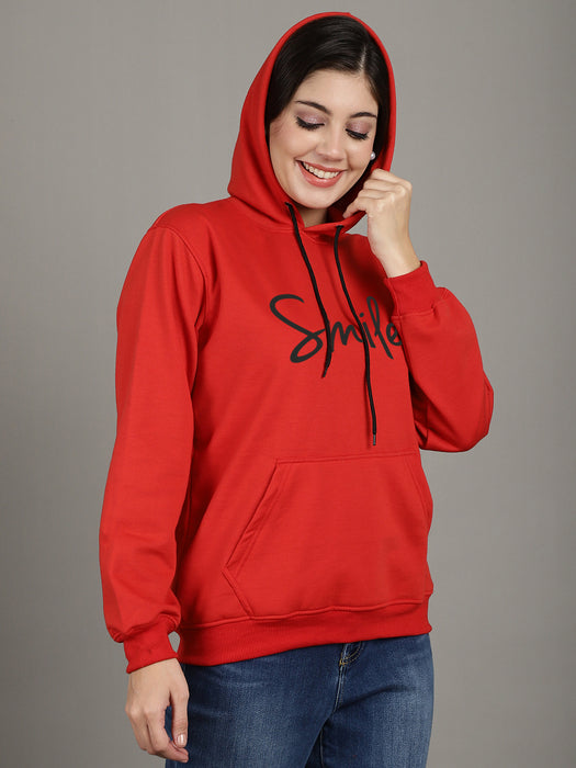 Women Red Hood Neck Full Sleeve Fleece Smile Print Hoodie with kangaroo Pocket