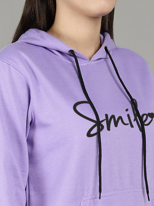 Women Purple Hood Neck Full Sleeve Fleece Smile Print Hoodie with kangaroo Pocket