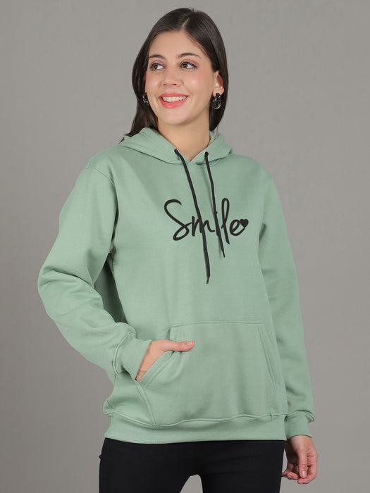 Women Sea Green Hood Neck Full Sleeve Fleece Smile Print Hoodie with kangaroo Pocket