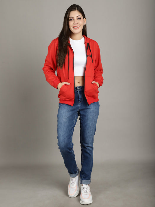 Women Red Full Sleeve Smile Print Hoodie with front zip and Inserted pocket