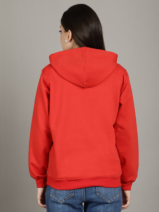 Women Red Full Sleeve Smile Print Hoodie with front zip and Inserted pocket