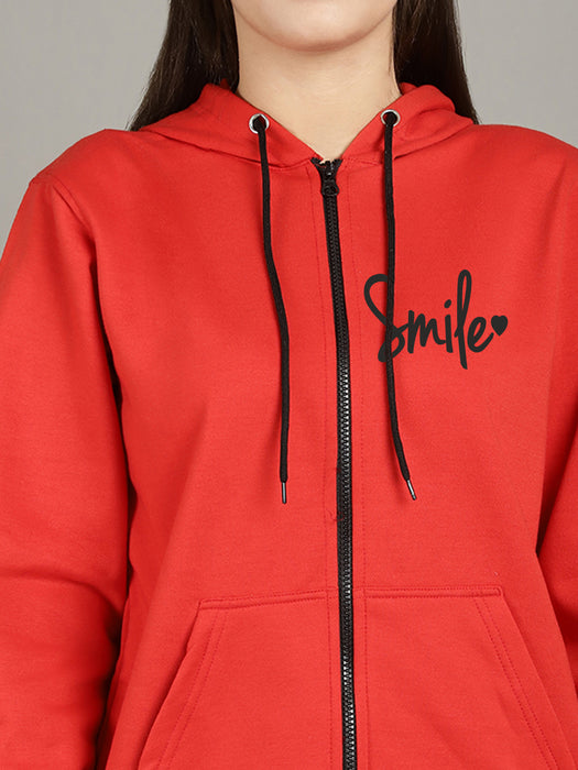 Women Red Full Sleeve Smile Print Hoodie with front zip and Inserted pocket