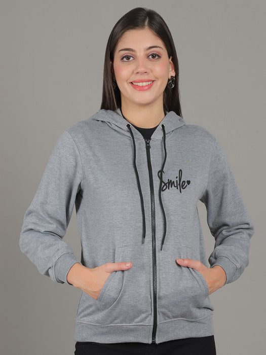 Women Grey Full Sleeve Smile Print Hoodie with front zip and Inserted pocket