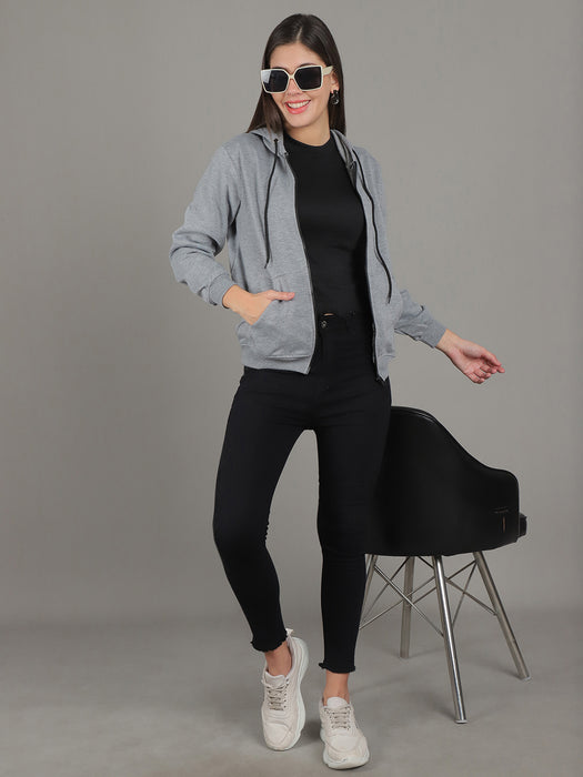 Women Grey Full Sleeve Smile Print Hoodie with front zip and Inserted pocket