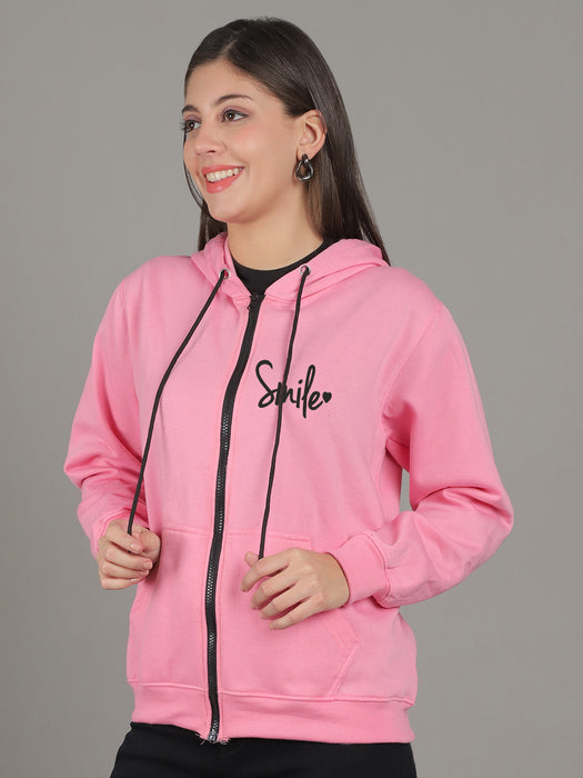 Women Pink Full Sleeve Smile Print Hoodie with front zip and Inserted pocket