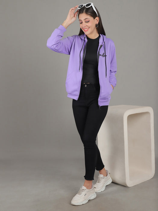 Women Purple Full Sleeve Smile Print Hoodie with front zip and Inserted pocket