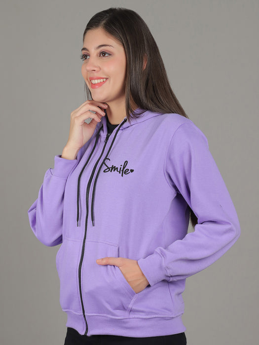 Women Purple Full Sleeve Smile Print Hoodie with front zip and Inserted pocket