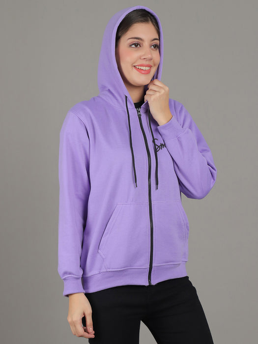 Women Purple Full Sleeve Smile Print Hoodie with front zip and Inserted pocket