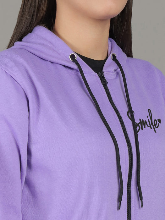 Women Purple Full Sleeve Smile Print Hoodie with front zip and Inserted pocket