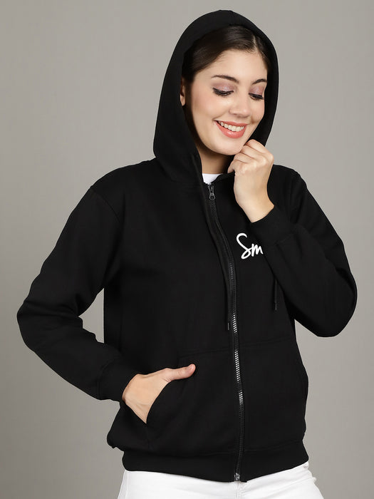 Women Black Full Sleeve Smile Print Hoodie with front zip and Inserted pocket