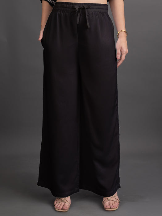 Women Black Viscose Rayon Parallel Pocket Palazzo