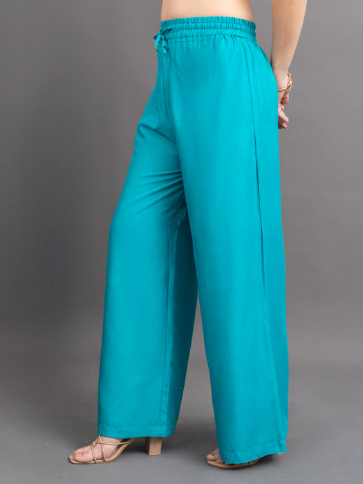 Women Turquoise Blue Viscose Rayon Parallel Pocket Palazzo