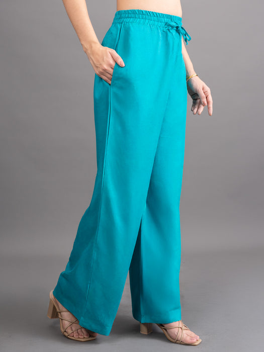 Women Turquoise Blue Viscose Rayon Parallel Pocket Palazzo