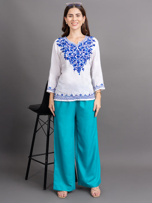Women Turquoise Blue Viscose Rayon Parallel Pocket Palazzo
