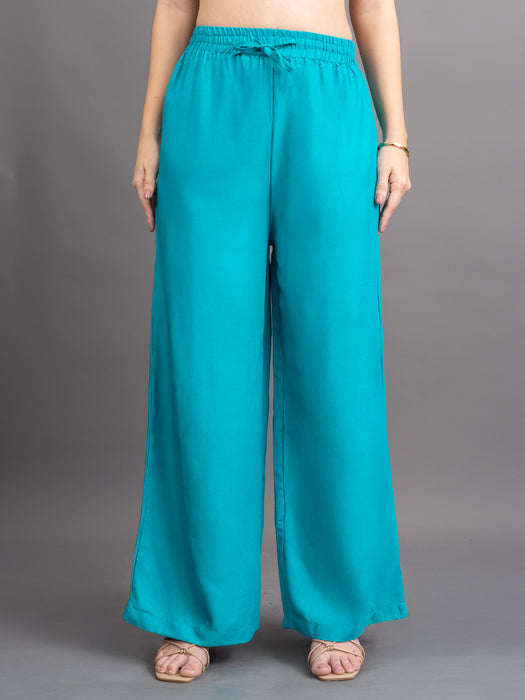 Women Turquoise Blue Viscose Rayon Parallel Pocket Palazzo