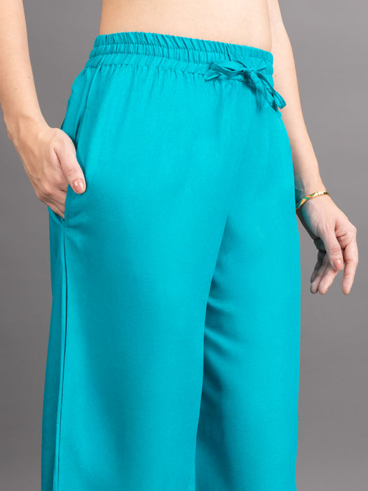 Women Turquoise Blue Viscose Rayon Parallel Pocket Palazzo